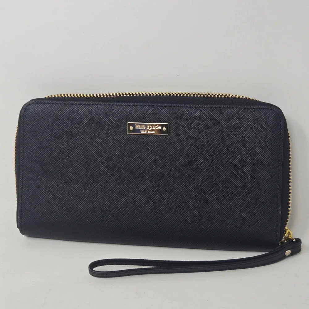 Kate Spade New York Black Saffiano Leather Zip Around Wristlet Wallet Gold Logo